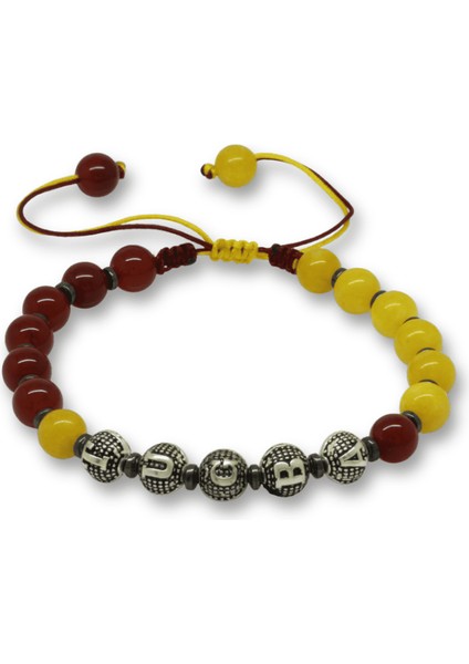 Isme Özel Yazılı Makrome Örgülü Küre Sarı Kırmızı Jade Akik Hematit Doğaltaş Erkek Taraftar Bileklik