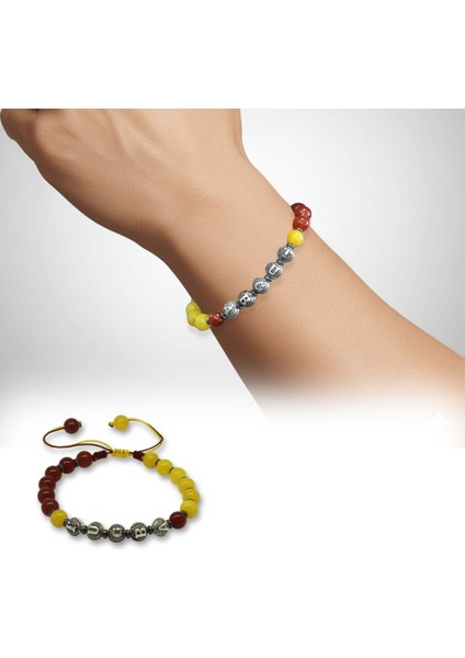 Isme Özel Yazılı Makrome Örgülü Küre Sarı Kırmızı Jade Akik Hematit Doğaltaş Erkek Taraftar Bileklik fiyatları