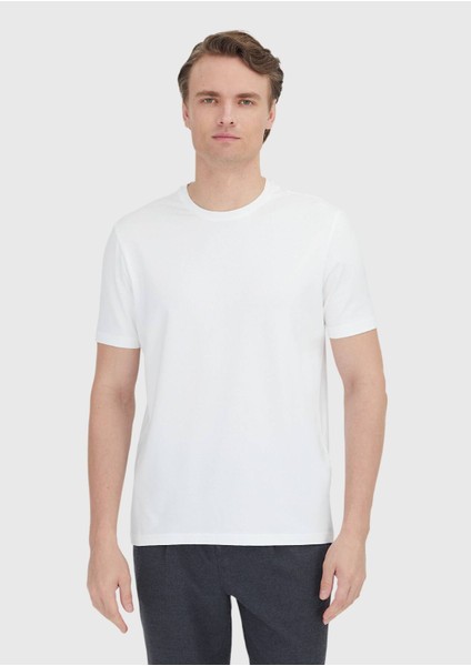 Beyaz Düz Bisiklet Yaka Pamuk Karışımlı T-Shirt fırsatları