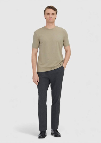 Deve Tüyü Düz Bisiklet Yaka Pamuk Karışımlı T-Shirt modelleri