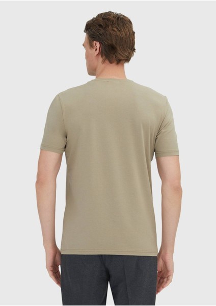 Deve Tüyü Düz Bisiklet Yaka Pamuk Karışımlı T-Shirt