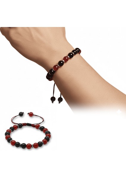 Makrome Örgülü Küre Kesim Kırmızı Siyah Akik Oniks Hematit Doğaltaş Erkek Taraftar Bileklik fiyatları