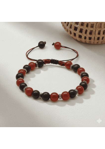 Makrome Örgülü Küre Kesim Kırmızı Siyah Akik Oniks Hematit Doğaltaş Erkek Taraftar Bileklik fırsatları