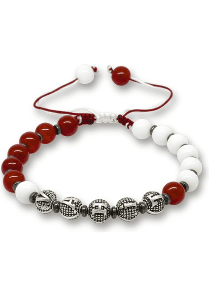 Isme Özel Yazılı Makrome Örgü Küre Kırmızı Beyaz Jade Akik Hematit Doğaltaş Erkek Taraftar Bileklik