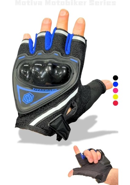 Mavi Yarım Eldiven Kısa Taktik Spor Reflektörlü Motosiklet Bisiklet Eldiveni L beden