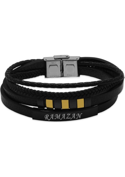 Üç Katmanlı Siyah Deri Renk Çelik Plakalı Isme Özel Yazılı Erkek Bileklik