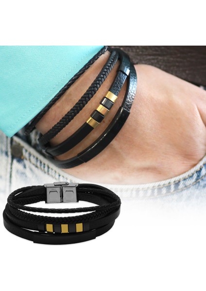 Üç Katmanlı Siyah Deri Renk Çelik Plakalı Isme Özel Yazılı Erkek Bileklik fırsatları