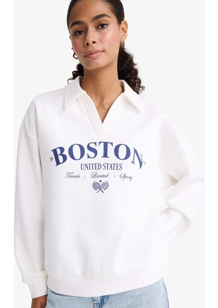 Relax Fit Polo Yaka Baskılı Kalın Sweatshirt