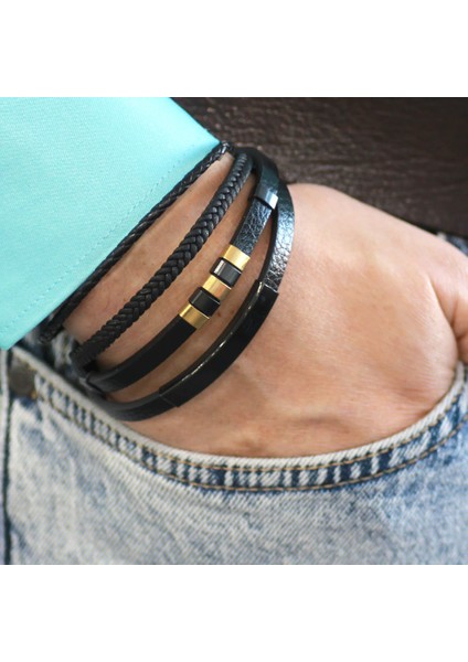 Üç Katmanlı Siyah Deri Renk Çelik Plakalı Isme Özel Yazılı Erkek Bileklik indirimleri