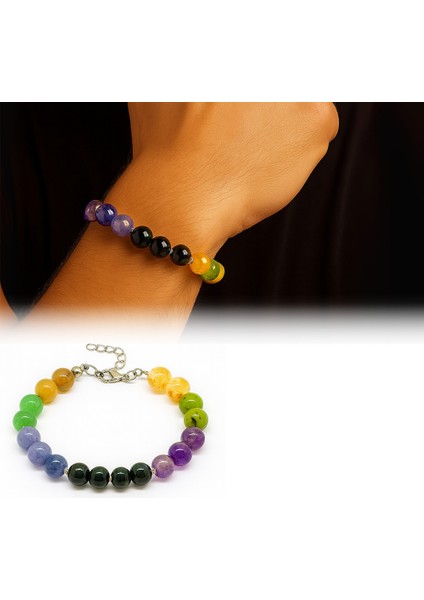 Gümüş Renk Kararmaz Metal Zincirli Küre Kesim Çoklu Doğaltaş Kombinli Erkek Şifa Bilekliği fiyatları