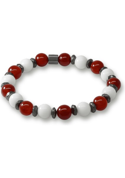 Küre Kesim Kırmızı Beyaz Jade Akik Hematit Doğaltaş Erkek Taraftar Bileklik - M2