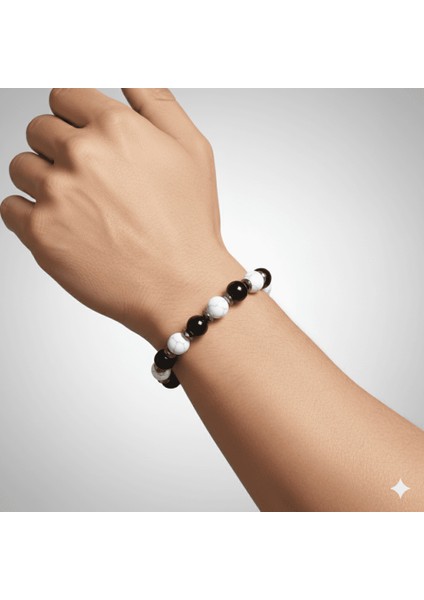 Küre Kesim Siyah Beyaz Jade Oniks Hematit Doğaltaş Erkek Taraftar Bileklik - M2 modelleri