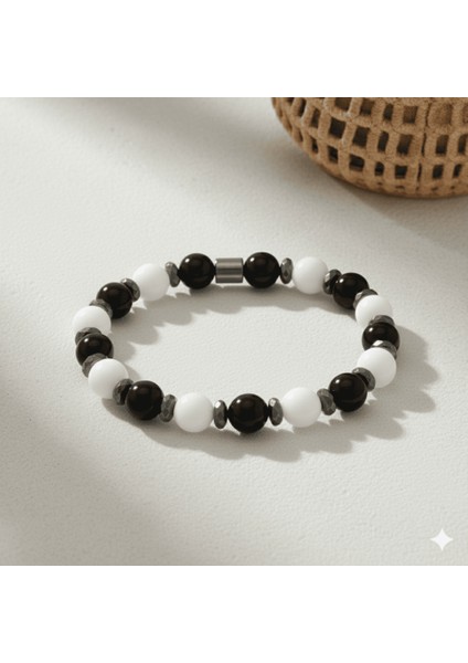 Küre Kesim Siyah Beyaz Jade Oniks Hematit Doğaltaş Erkek Taraftar Bileklik - M2 fırsatları