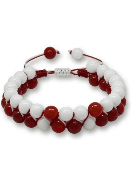 Çift Sıra Makrome Örgülü Küre Kesim Kırmızı Beyaz Jade Akik Doğaltaş Erkek Taraftar Bileklik