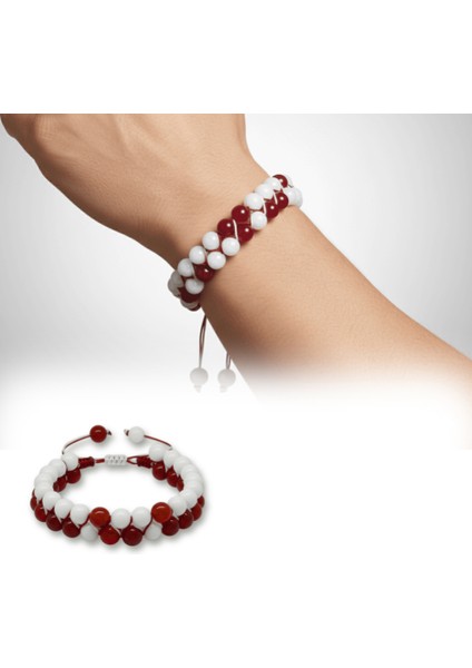 Çift Sıra Makrome Örgülü Küre Kesim Kırmızı Beyaz Jade Akik Doğaltaş Erkek Taraftar Bileklik fiyatları