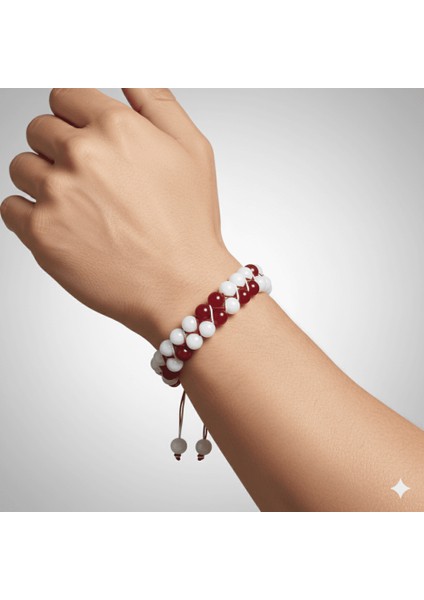 Çift Sıra Makrome Örgülü Küre Kesim Kırmızı Beyaz Jade Akik Doğaltaş Erkek Taraftar Bileklik modelleri