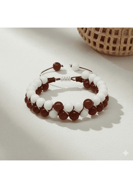 Çift Sıra Makrome Örgülü Küre Kesim Kırmızı Beyaz Jade Akik Doğaltaş Erkek Taraftar Bileklik fırsatları