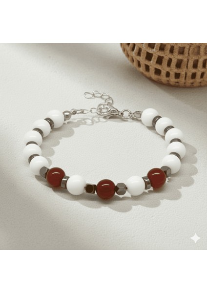 Gümüş Renk Metal Zincir Küre Kesim Kırmızı Beyaz Jade Akik Hematit Doğaltaş Erkek Taraftar Bileklik fırsatları