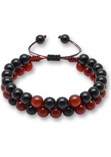 Çift Sıra Makrome Örgülü Küre Kesim Kırmızı Siyah Akik Oniks Doğaltaş Erkek Taraftar Bileklik