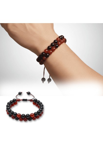 Çift Sıra Makrome Örgülü Küre Kesim Kırmızı Siyah Akik Oniks Doğaltaş Erkek Taraftar Bileklik fiyatları