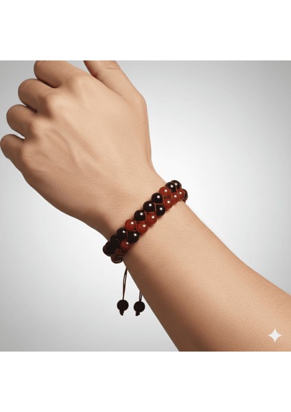 Çift Sıra Makrome Örgülü Küre Kesim Kırmızı Siyah Akik Oniks Doğaltaş Erkek Taraftar Bileklik modelleri