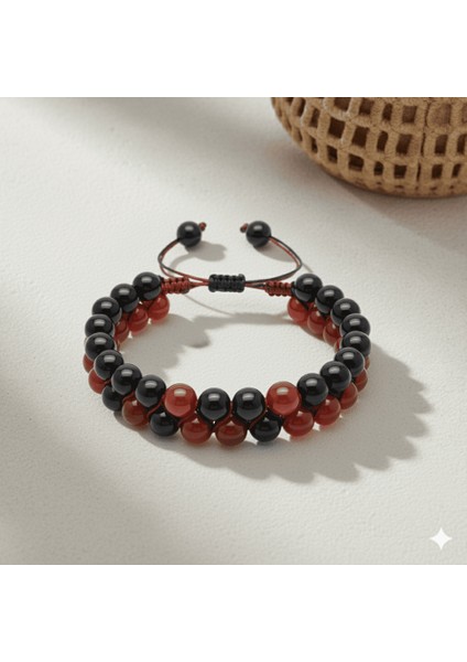 Çift Sıra Makrome Örgülü Küre Kesim Kırmızı Siyah Akik Oniks Doğaltaş Erkek Taraftar Bileklik fırsatları