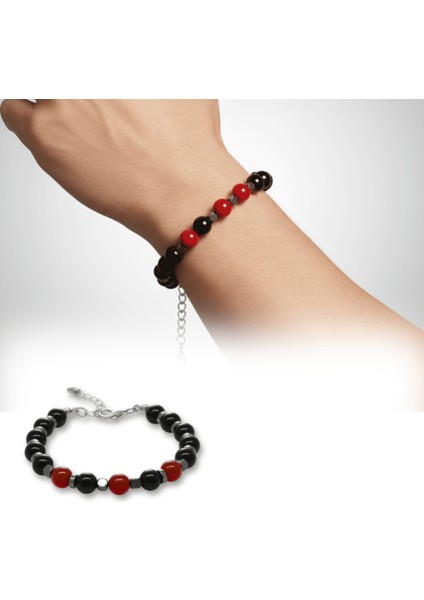 Gümüş Renk Metal Zincir Küre Kesim Kırmızı Siyah Akik Oniks Hematit Doğaltaş Erkek Taraftar Bileklik fiyatları