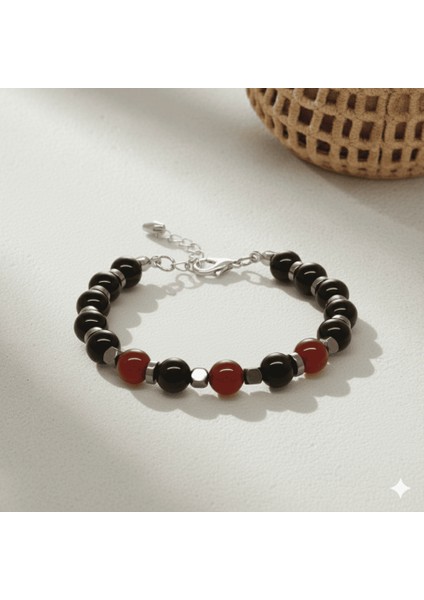 Gümüş Renk Metal Zincir Küre Kesim Kırmızı Siyah Akik Oniks Hematit Doğaltaş Erkek Taraftar Bileklik fırsatları