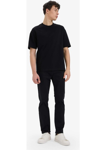 %100 Pamuk Relax Fit Bisiklet Yaka Kısa Kollu Basic Düz Siyah Tişört D3673AX25SM