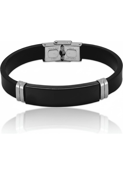 Siyah Silikon ve Çelik Bileşim Siyah Zeminli Isme Özel Yazılı Erkek Bileklik