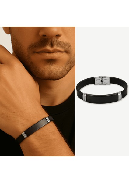 Siyah Silikon ve Çelik Bileşim Siyah Zeminli Isme Özel Yazılı Erkek Bileklik fırsatları