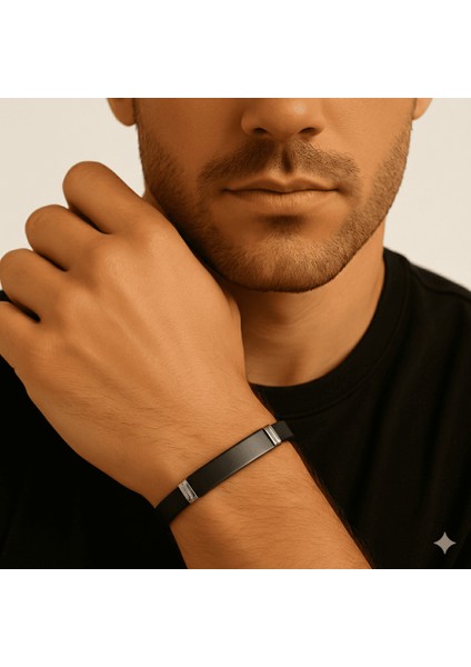 Siyah Silikon ve Çelik Bileşim Siyah Zeminli Isme Özel Yazılı Erkek Bileklik indirimleri