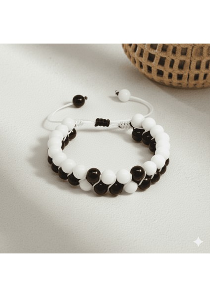Çift Sıra Makrome Örgülü Küre Kesim Siyah Beyaz Jade Oniks Doğaltaş Erkek Taraftar Bileklik fırsatları