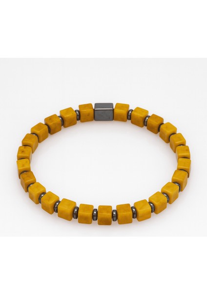 Hematit Doğaltaş Kombinli Küp Kesim Hardal Rengi Doğal Damla Kehribar Erkek Bileklik