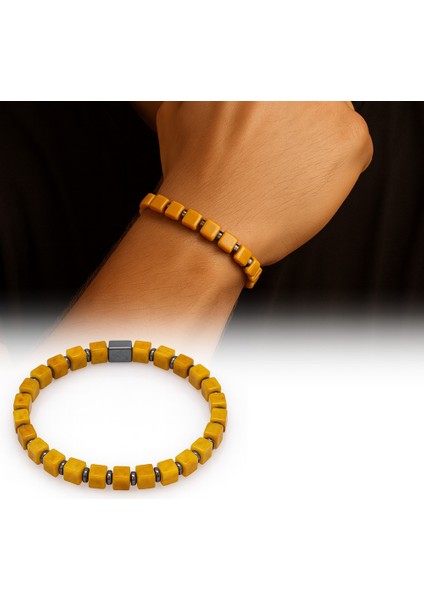 Hematit Doğaltaş Kombinli Küp Kesim Hardal Rengi Doğal Damla Kehribar Erkek Bileklik fiyatları