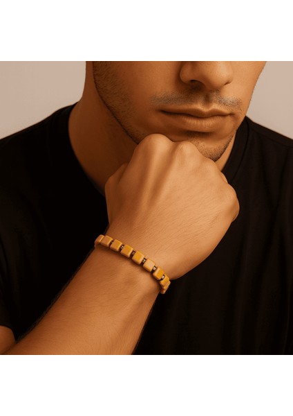 Hematit Doğaltaş Kombinli Küp Kesim Hardal Rengi Doğal Damla Kehribar Erkek Bileklik modelleri