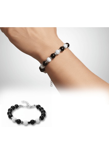 Gümüş Renk Metal Zincirli Küre Kesim Siyah Beyaz Jade Oniks Hematit Doğaltaş Erkek Taraftar Bileklik fiyatları