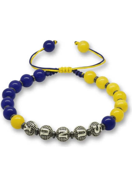 Isme Özel Yazılı Makrome Örgü Küre Kesim Sarı Lacivert Jade Hematit Doğaltaş Erkek Taraftar Bileklik