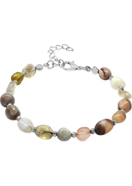 Gümüş Renk Metal Zincirli Dorika Top Süslemeli Amorf Madagaskar Akik Doğaltaş Erkek Bileklik