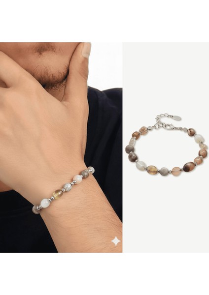 Gümüş Renk Metal Zincirli Dorika Top Süslemeli Amorf Madagaskar Akik Doğaltaş Erkek Bileklik fiyatları