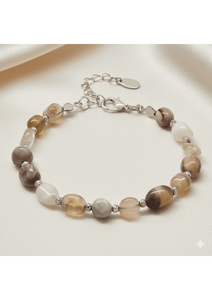 Gümüş Renk Metal Zincirli Dorika Top Süslemeli Amorf Madagaskar Akik Doğaltaş Erkek Bileklik fırsatları