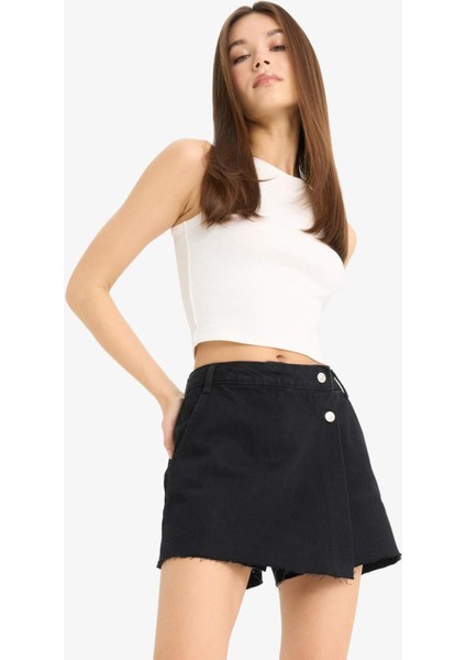 Yüksek Bel Cepli Mini Jean Şort Etek