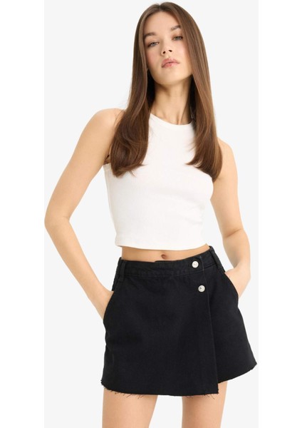 Yüksek Bel Cepli Mini Jean Şort Etek