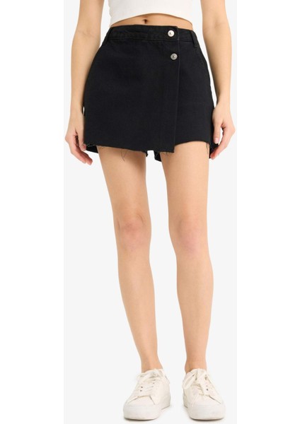 Yüksek Bel Cepli Mini Jean Şort Etek