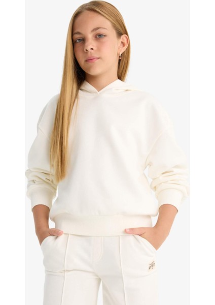 Kız Çocuk Relax Fit Kapüşonlu Basic Düz Sweatshirt
