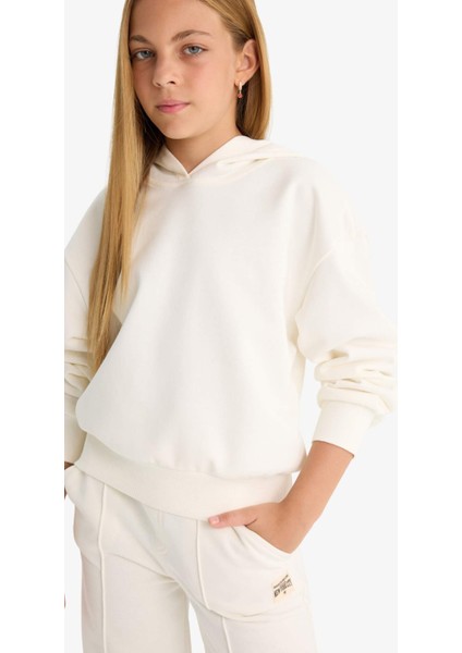 Kız Çocuk Relax Fit Kapüşonlu Basic Düz Sweatshirt