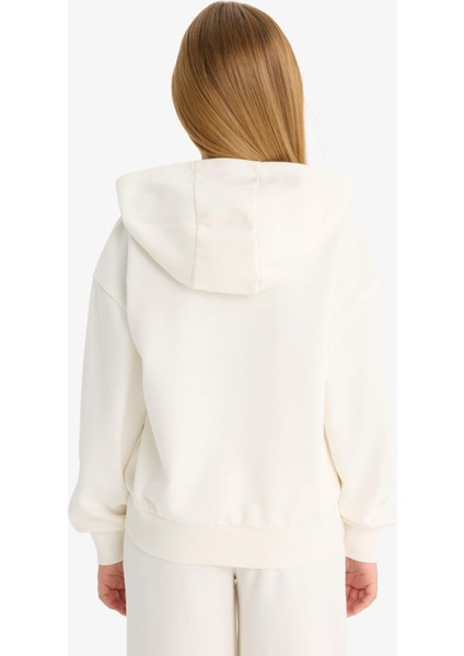 Kız Çocuk Relax Fit Kapüşonlu Basic Düz Sweatshirt