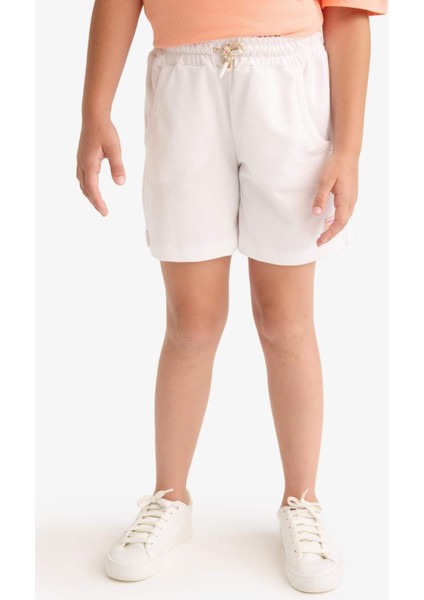 Kız Çocuk Beli Lastikli Beyaz Şort