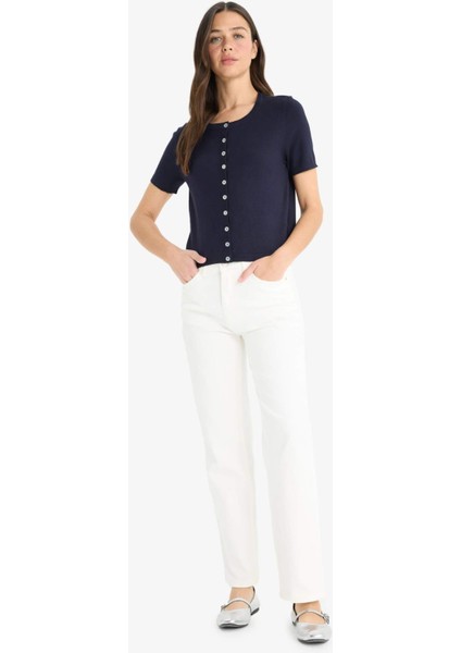 Regular Fit Bisiklet Yaka Düğmeli Kısa Kollu Triko Hırka E5770AX25AU