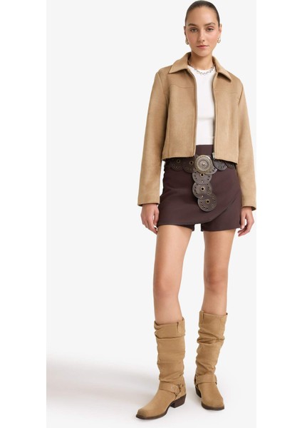 Su Geçirmez Regular Fit Polo Yaka Fermuarlı Süet Ceket Mont E8701AX25AU